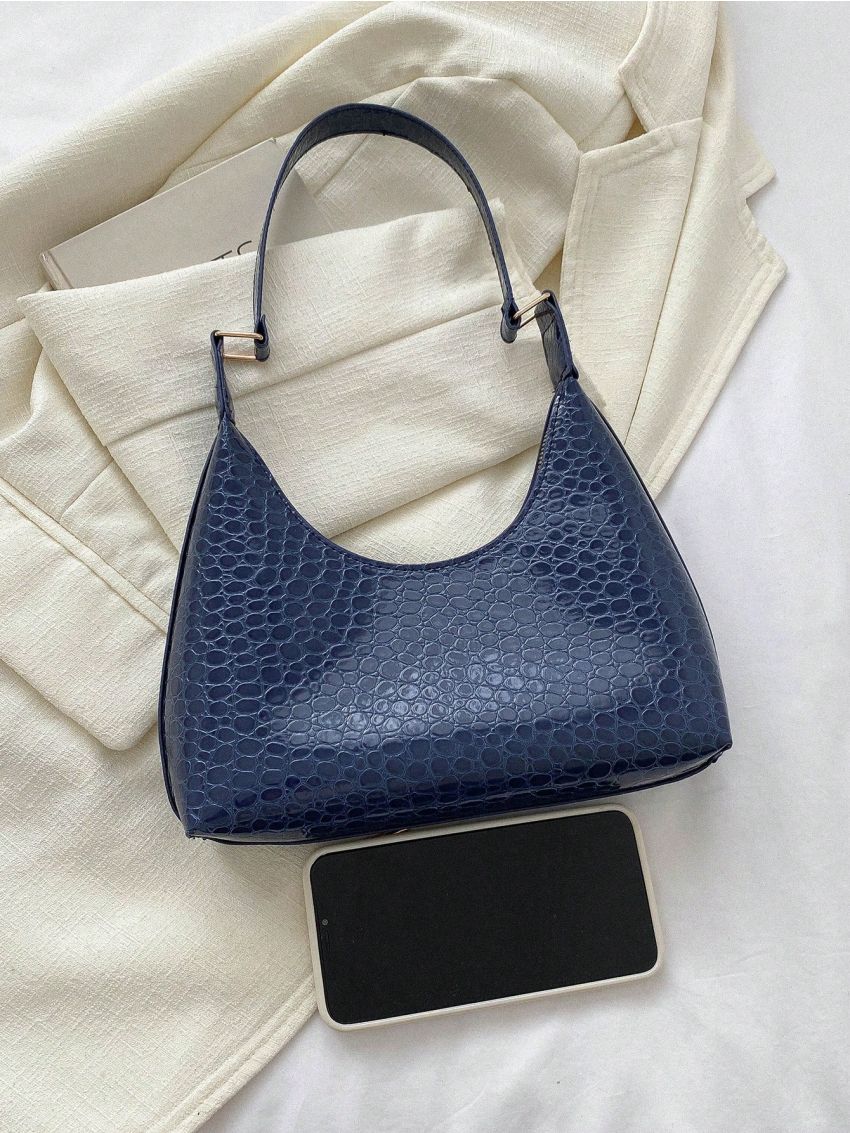 Crocodile Embossed Hobo Bag Black Elegant With Zipper For Work