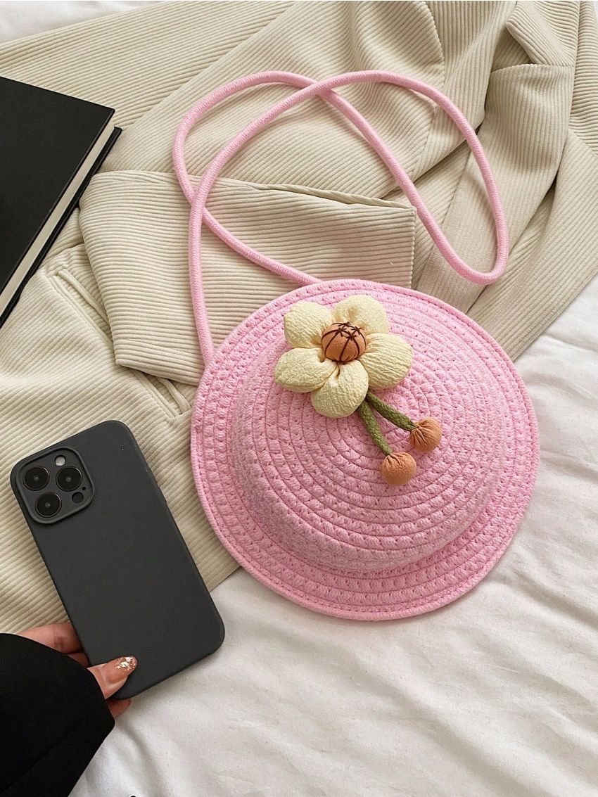 Baby Pink Crochet Bag Flower Decor Cute For Summer