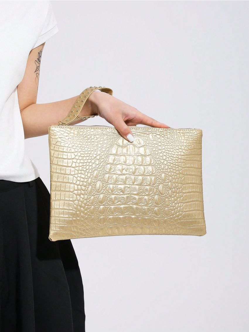 Zipper Square Bag Fashionable Crocodile Embossed Studded Decor