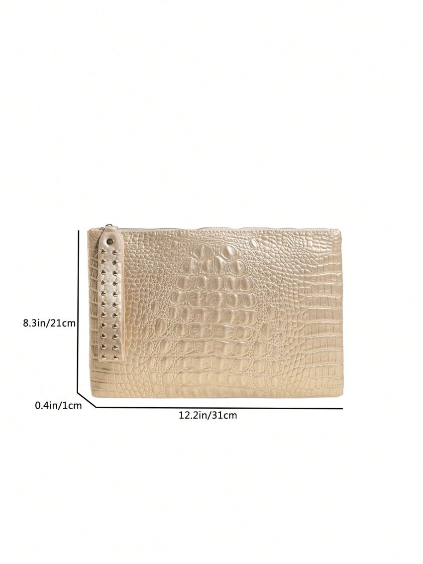Zipper Square Bag Fashionable Crocodile Embossed Studded Decor