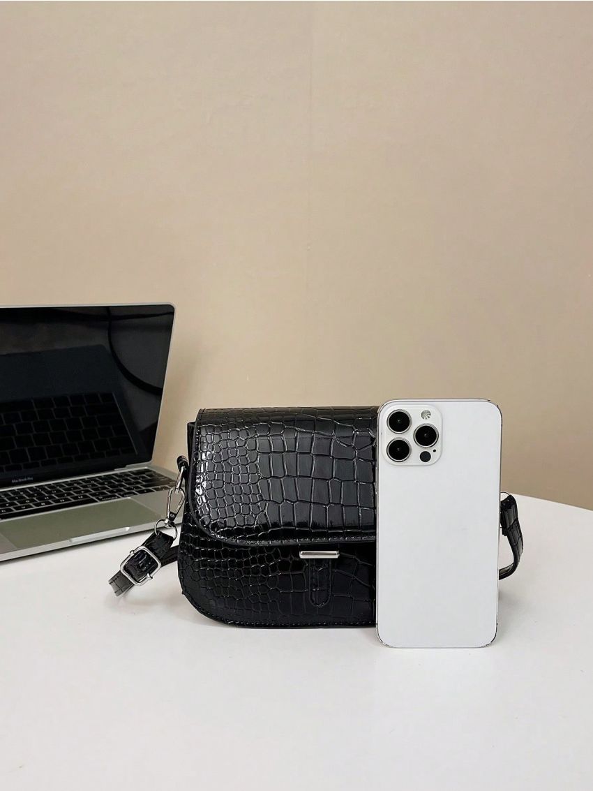 Mini Flap Saddle Bag Black Crocodile Embossed Adjustable Strap