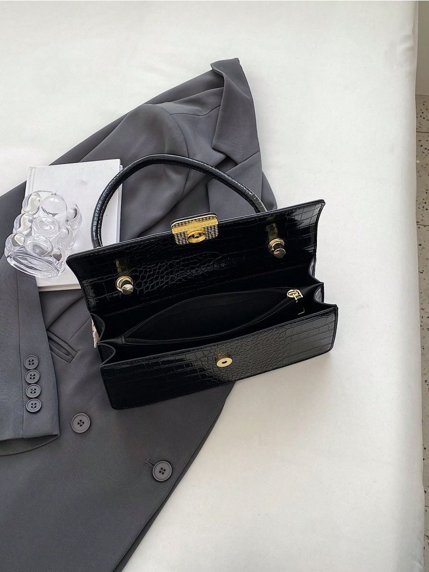 Crocodile Embossed Flap Baguette Bag Fashionable Twilly Scarf Decor PU
