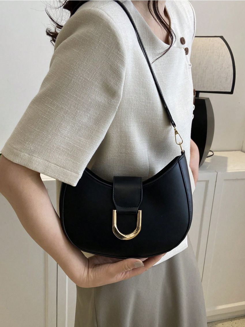 Small Zipper Hobo Bag Fashionable Black Metal Decor