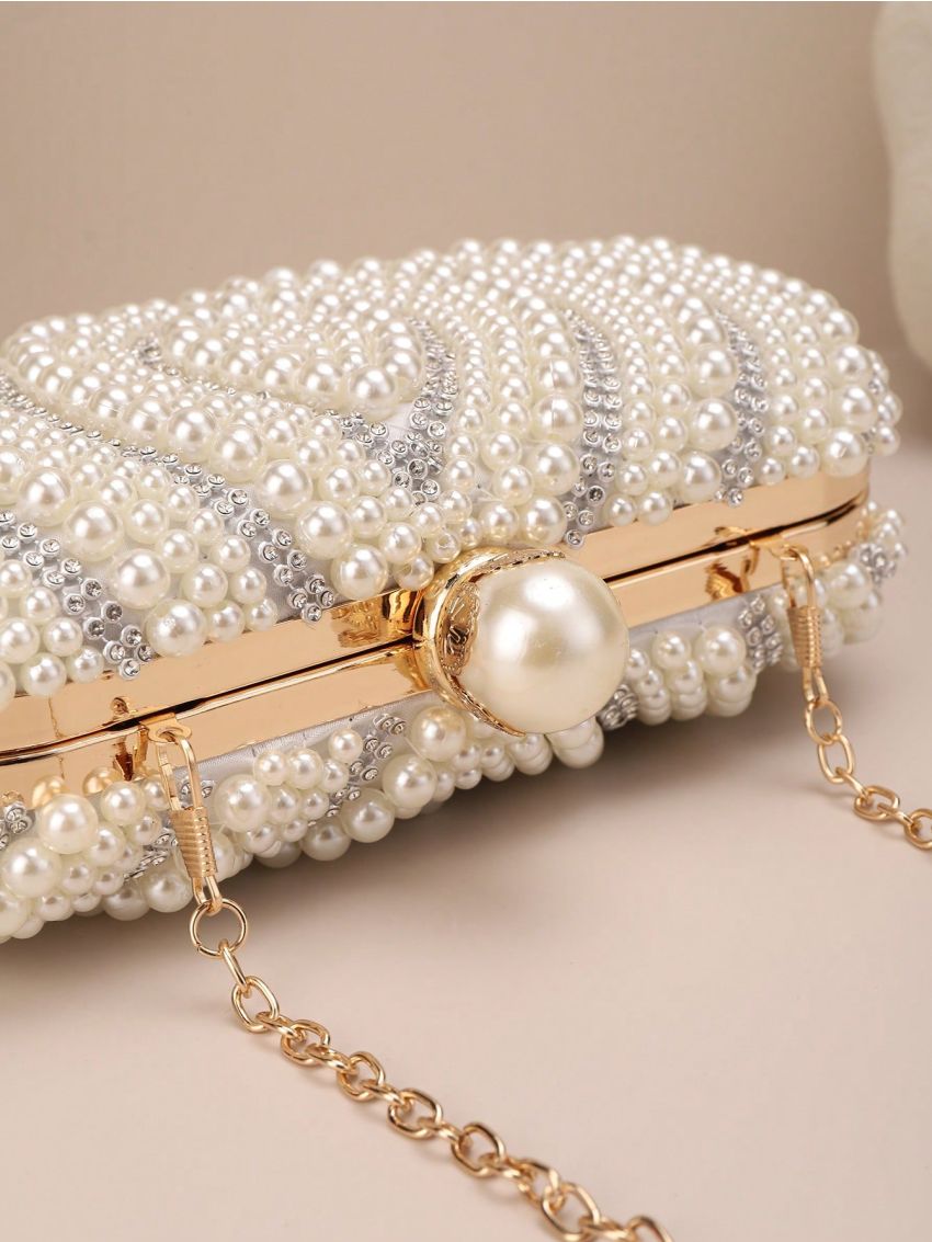 Mini Box Bag Glamorous Rhinestone & Faux Pearl Decor Chain For Party, Perfect Bride Purse For Wedding, Prom & Party Events