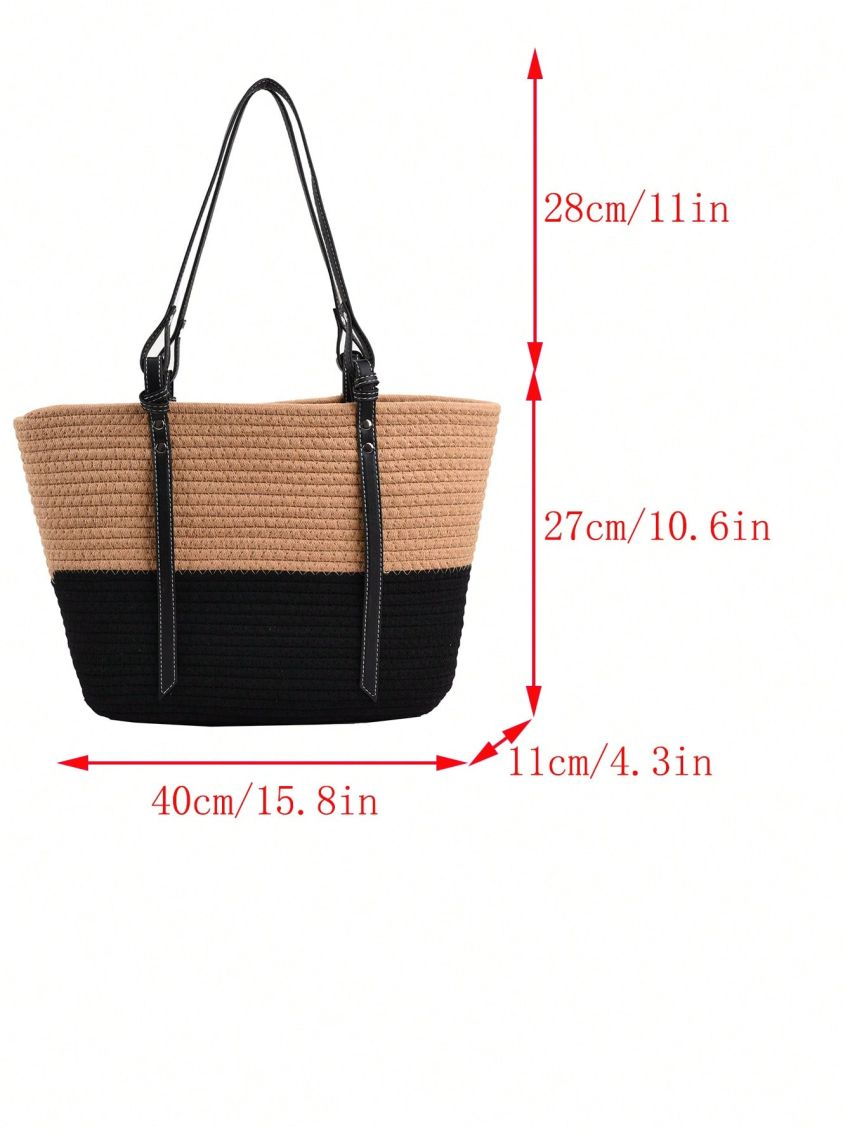 Two Tone Straw Bag Vacation Studded Decor