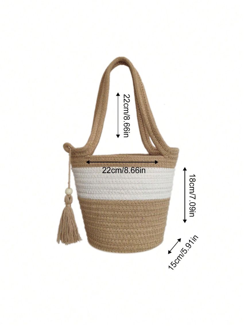 Two Tone Straw Bag Tassel Decor Vacation