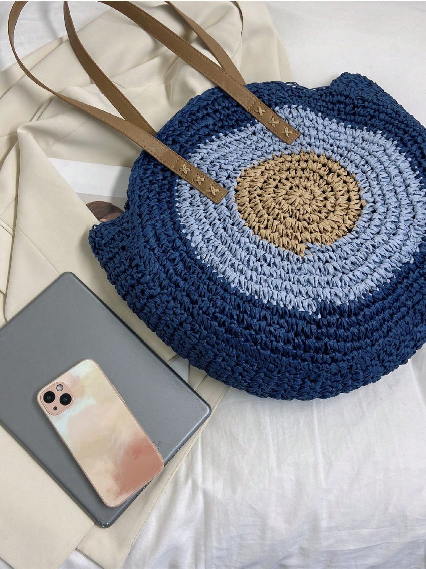 Color Block Straw Bag Vacation Large Capacity