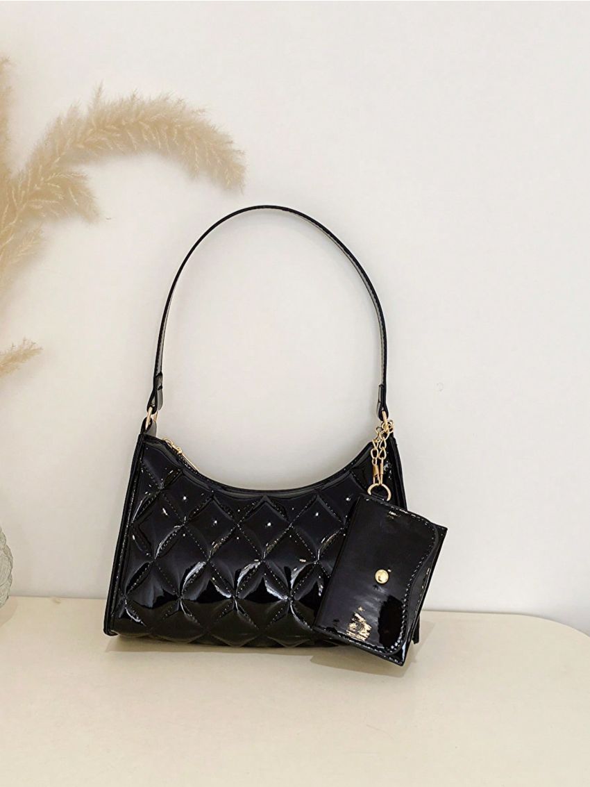 Quilted Baguette Bag With Small Pouch Metallic PU Funky