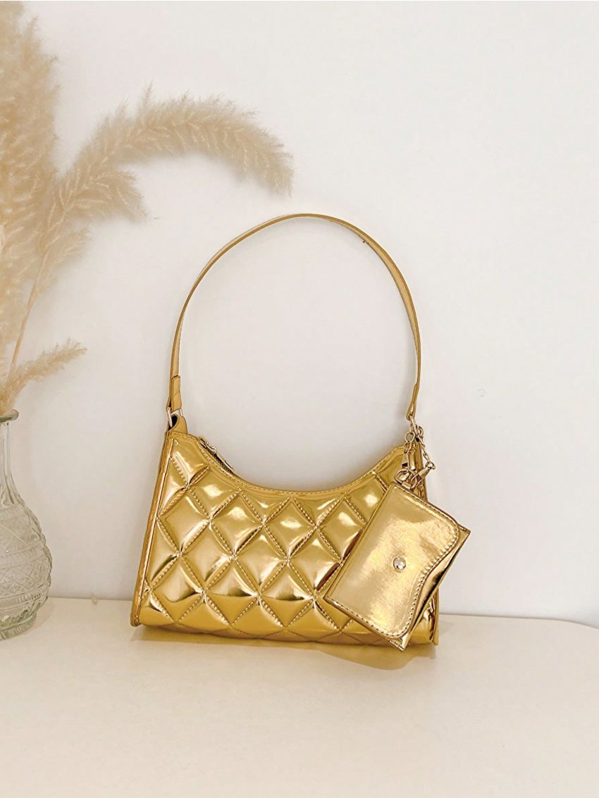 Quilted Baguette Bag With Small Pouch Metallic PU Funky