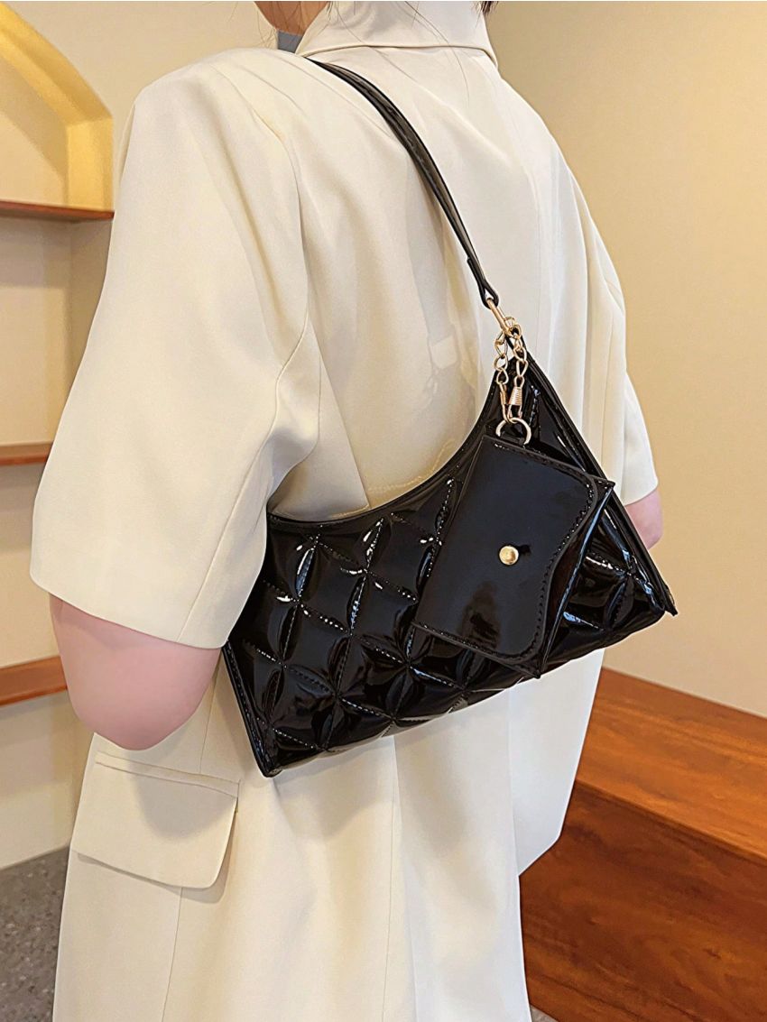 Quilted Baguette Bag With Small Pouch Metallic PU Funky