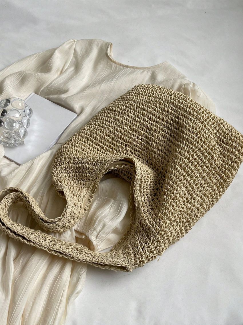Beige Straw Bag Hollow Out Vacation