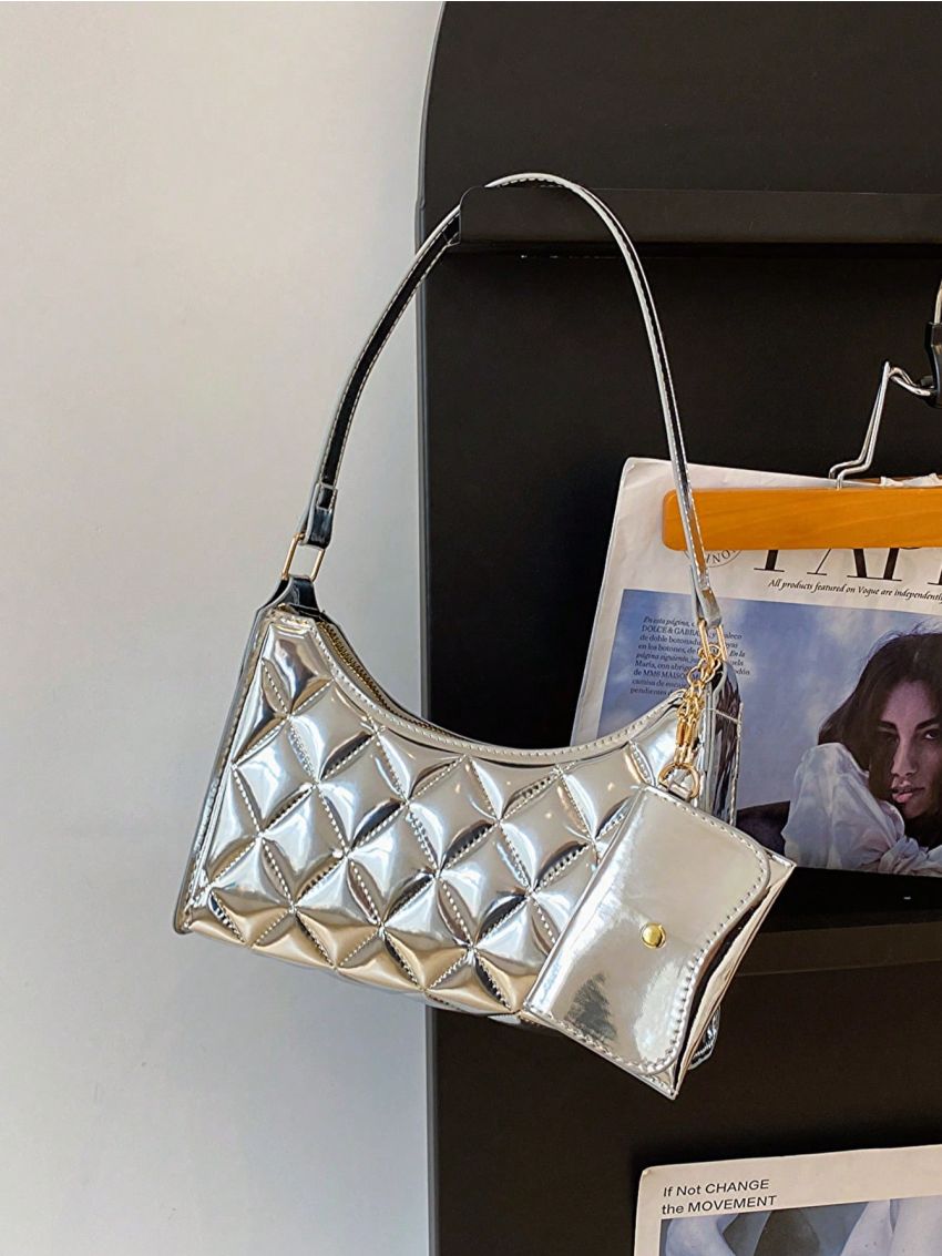 Argyle Embroidery Baguette Bag, PU Shoulder Bag, Vintage Underarm Purse For Women