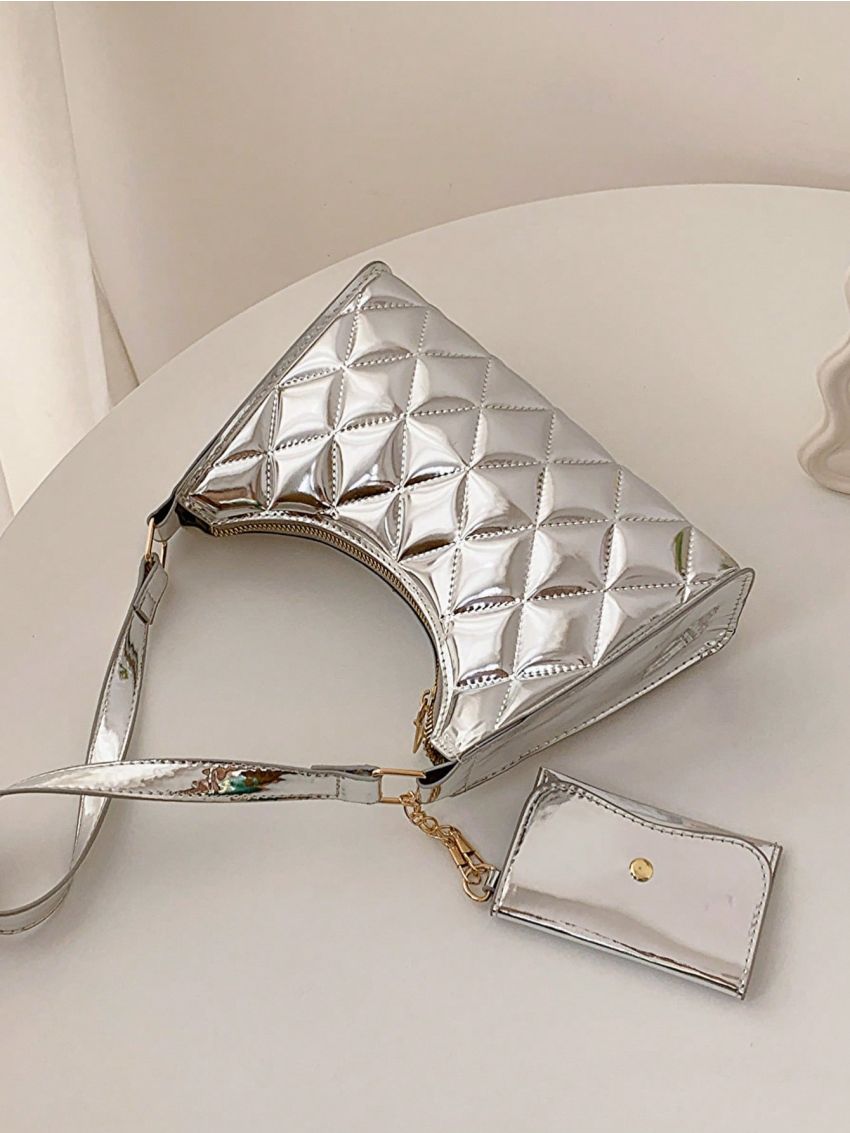 Argyle Embroidery Baguette Bag, PU Shoulder Bag, Vintage Underarm Purse For Women