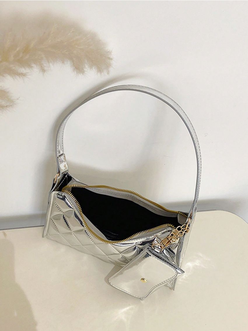 Argyle Embroidery Baguette Bag, PU Shoulder Bag, Vintage Underarm Purse For Women