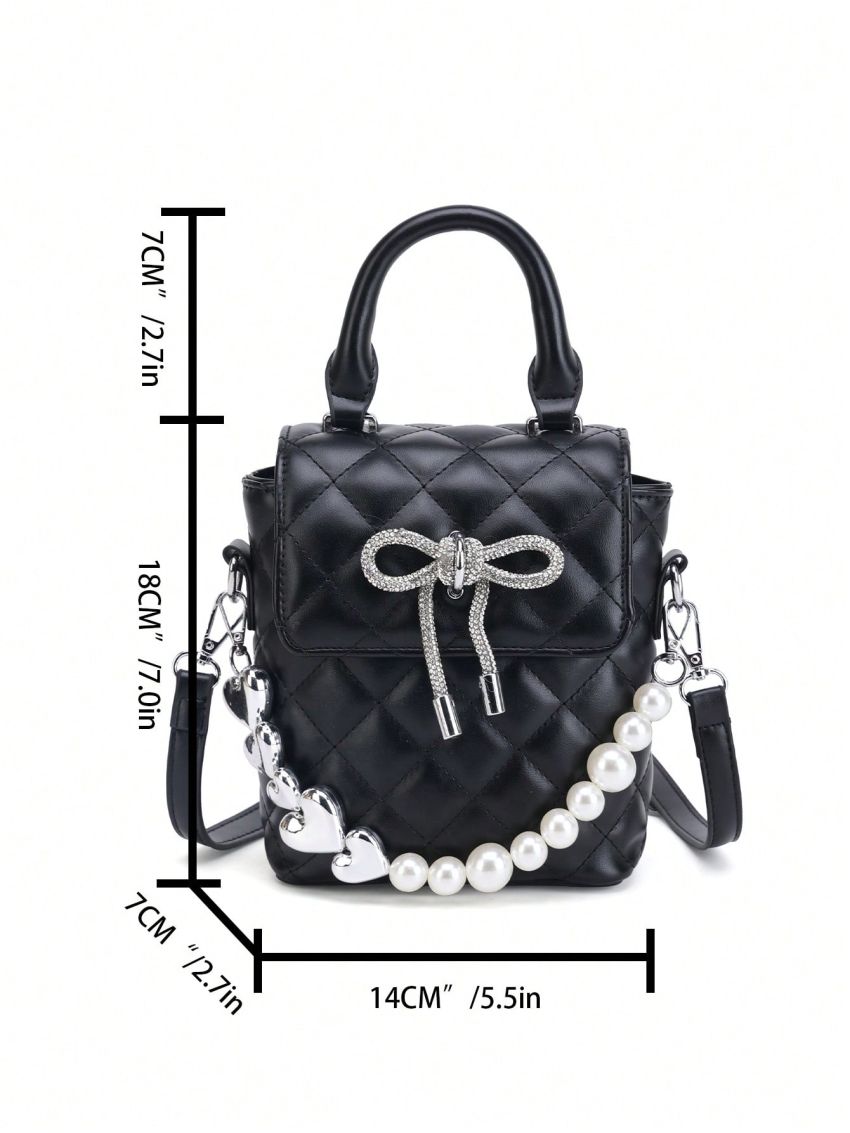 Mini Square Bag Bow & Faux Pearl Decor Quilted Flap
