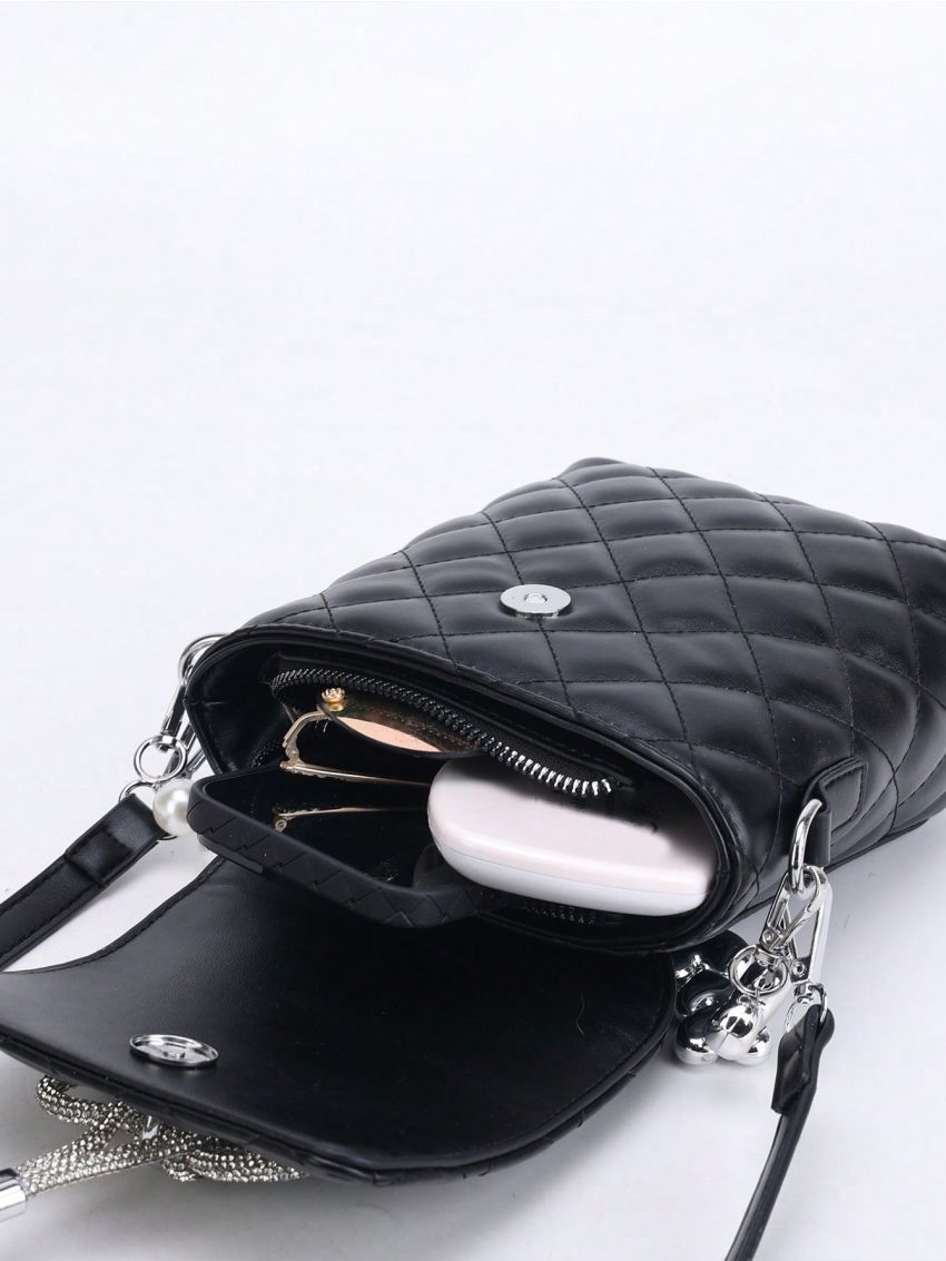 Mini Square Bag Bow & Faux Pearl Decor Quilted Flap