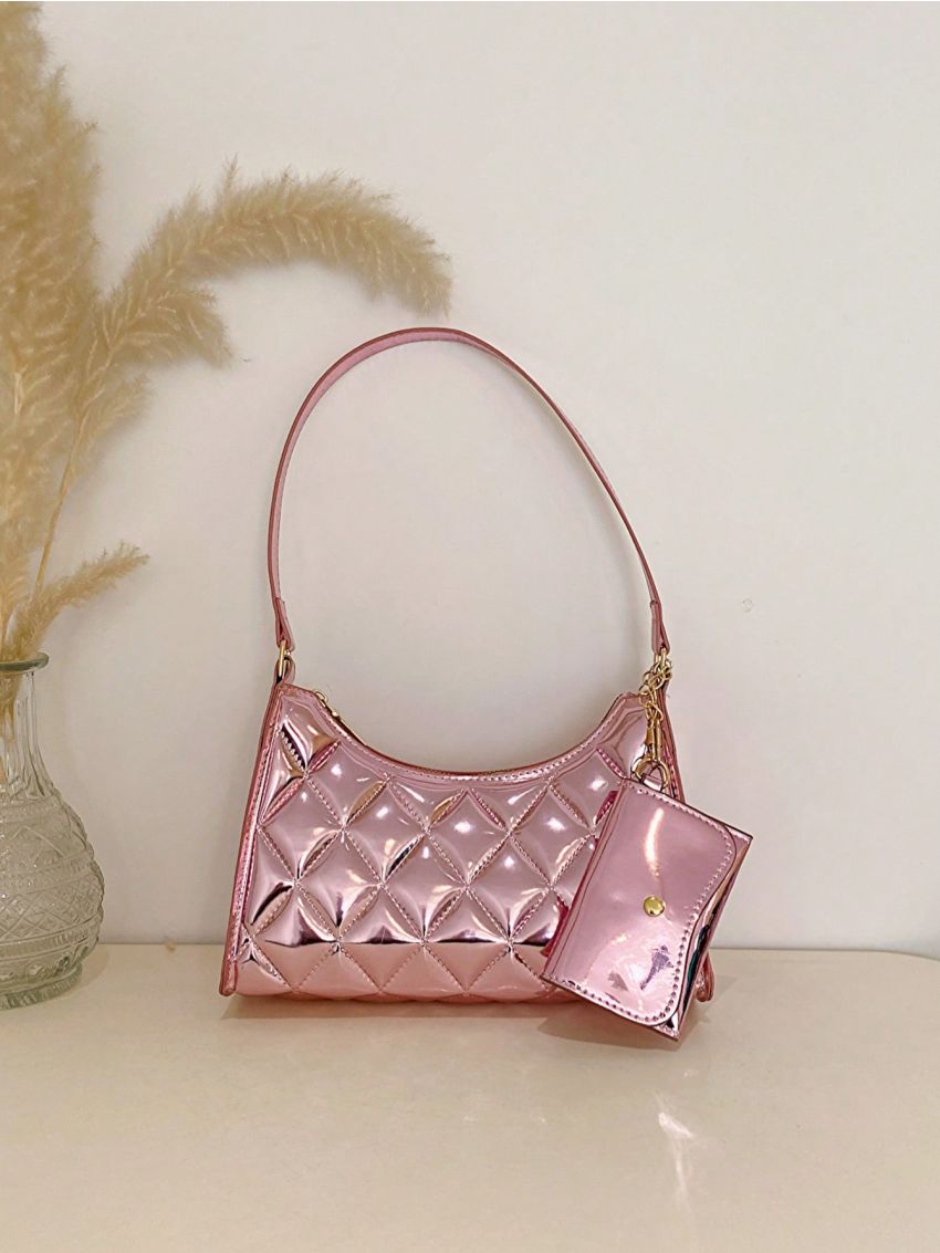 Quilted Baguette Bag Zipper Small Metallic Funky With Coin Purse