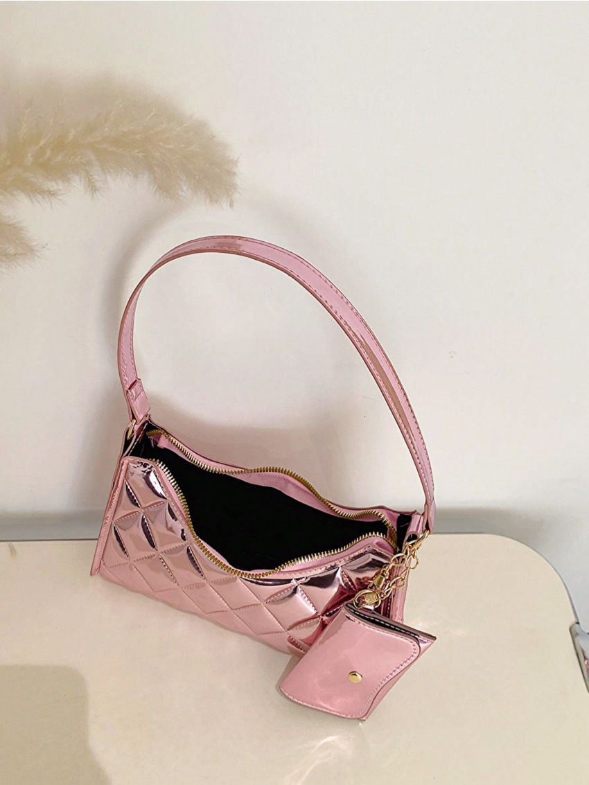 Quilted Baguette Bag Zipper Small Metallic Funky With Coin Purse