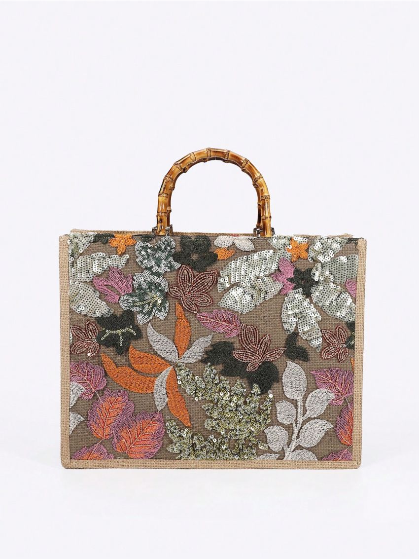 Medium Straw Bag Sequin Decor Random Floral Pattern