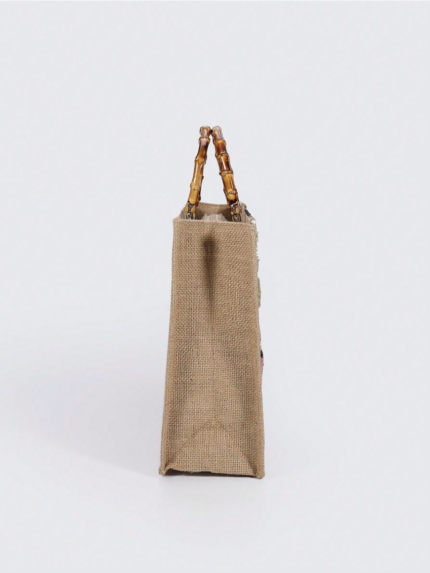 Medium Straw Bag Sequin Decor Random Floral Pattern