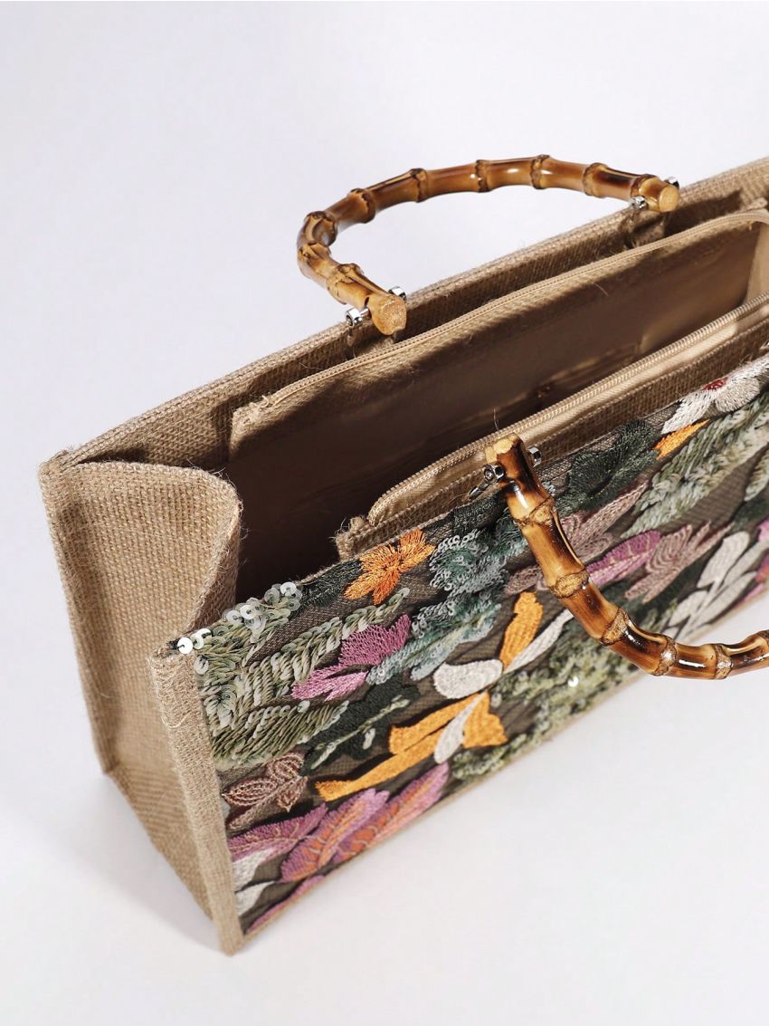 Medium Straw Bag Sequin Decor Random Floral Pattern