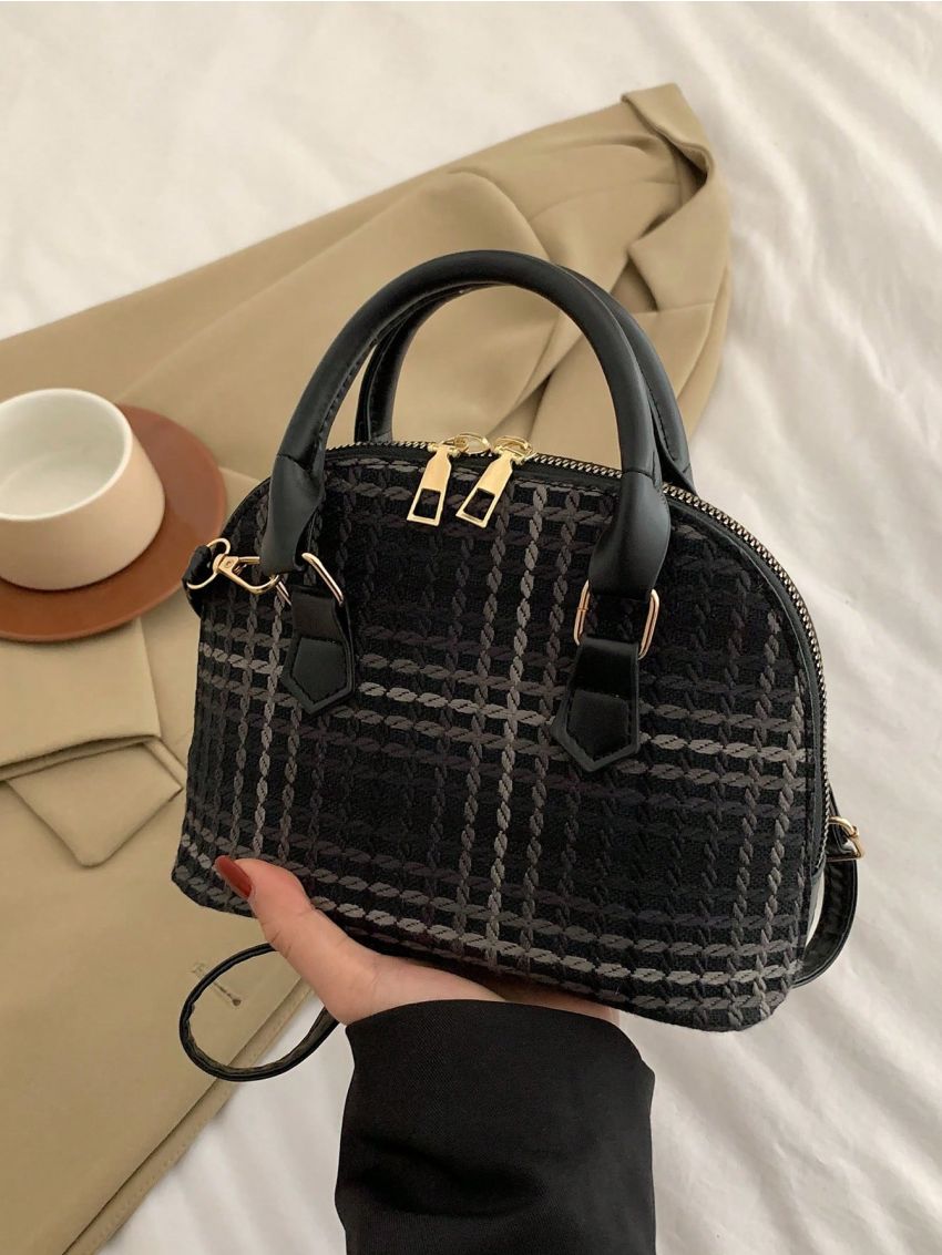 Plaid Pattern Dome Bag Double Handle Zipper