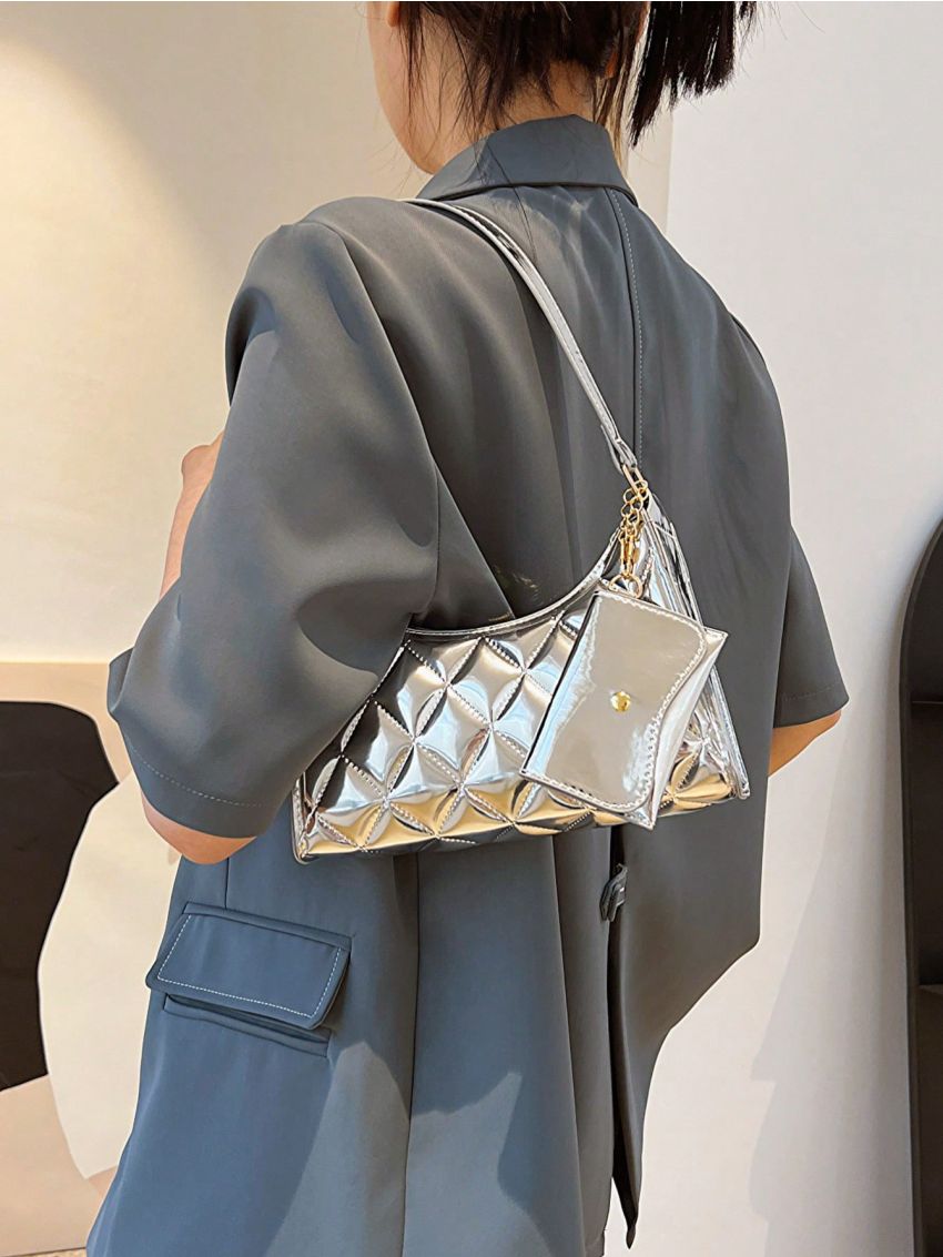 Quilted Baguette Bag Zipper With Coin Purse Metallic Funky