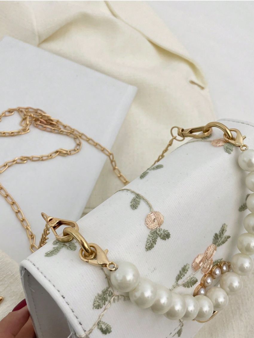 Mini Flower Embroidered Square Bag Faux Pearl Beaded