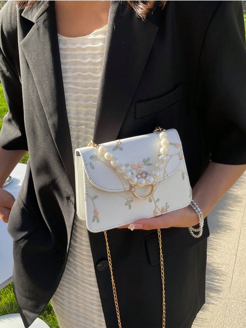 Mini Flower Embroidered Square Bag Faux Pearl Beaded