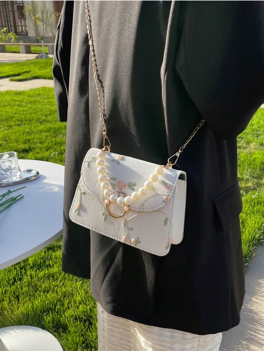 Mini Flower Embroidered Square Bag Faux Pearl Beaded