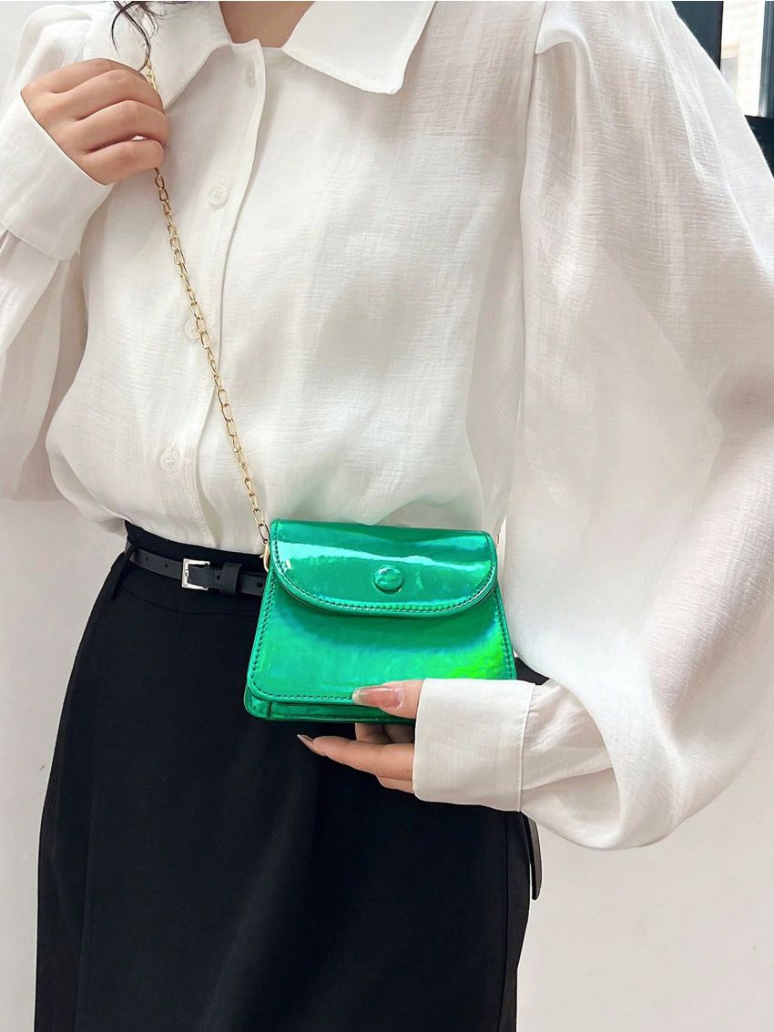 Mini Flap Square Bag Button Decor Metallic Funky