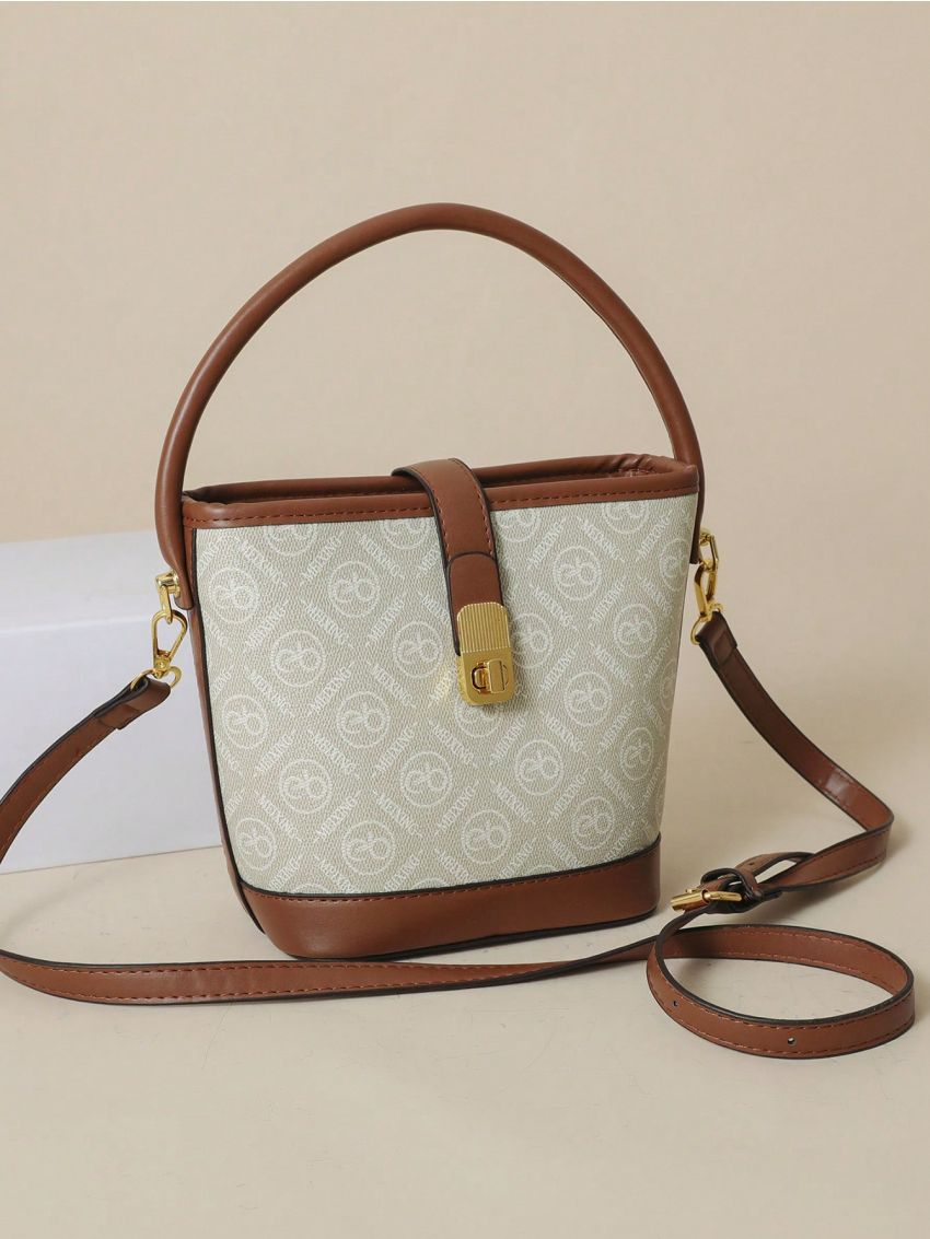 Small Bucket Bag Geometric Pattern Turn Lock Contrast Binding