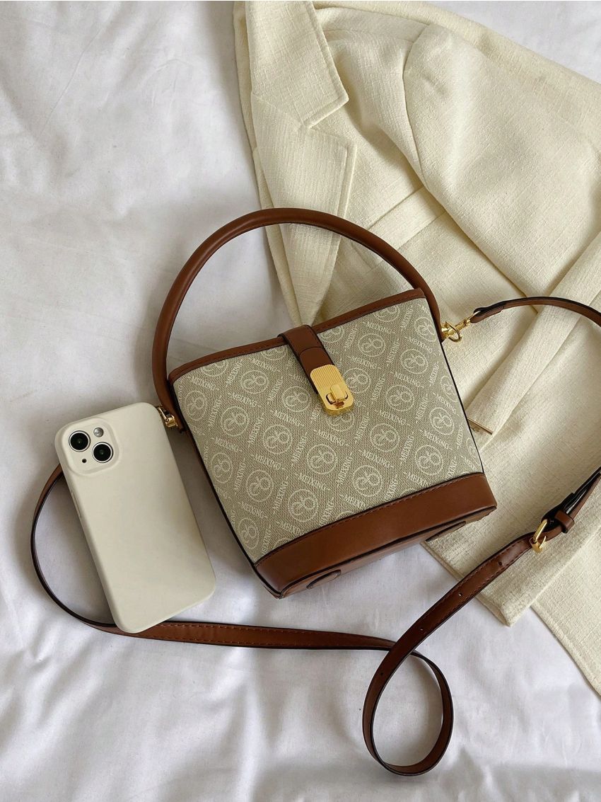 Small Bucket Bag Geometric Pattern Turn Lock Contrast Binding