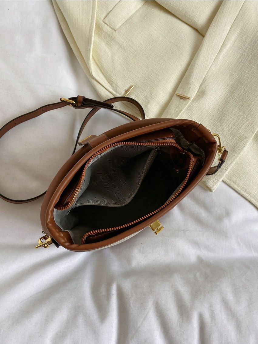 Small Bucket Bag Geometric Pattern Turn Lock Contrast Binding