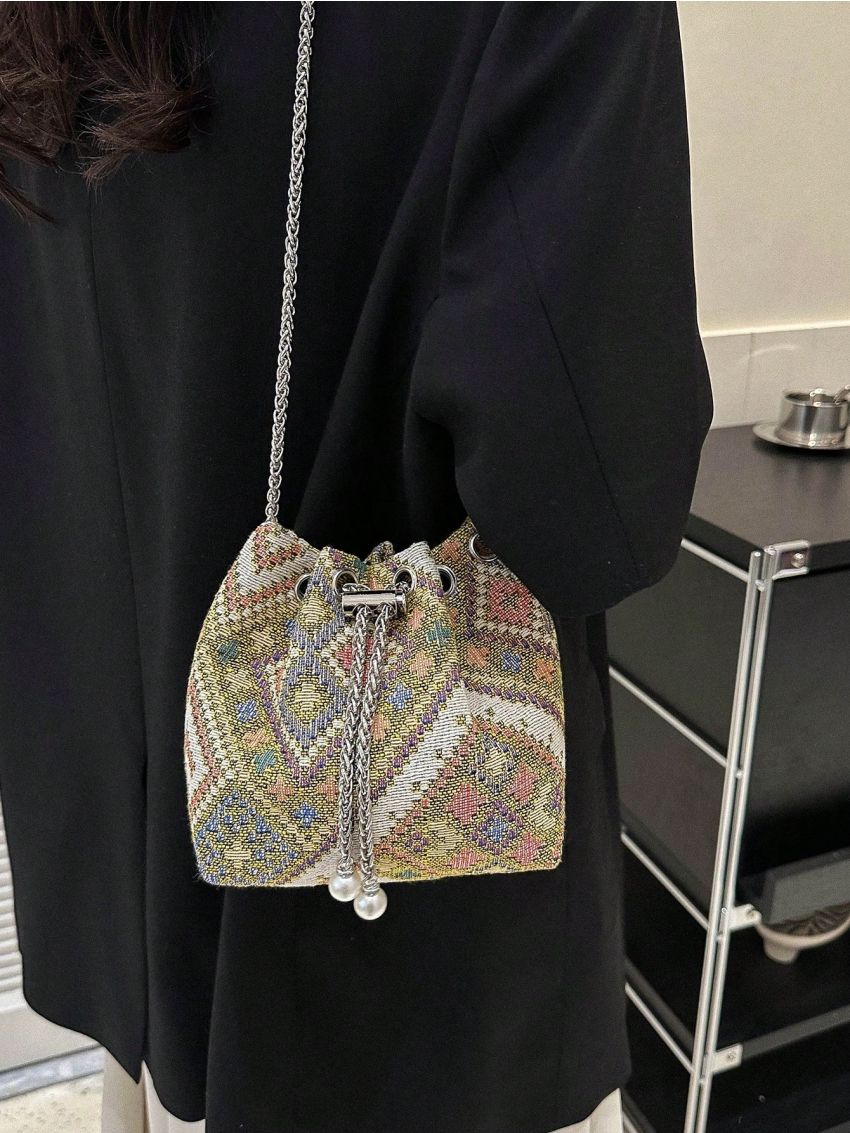 Mini Bucket Bag Geometric Pattern Drawstring Design