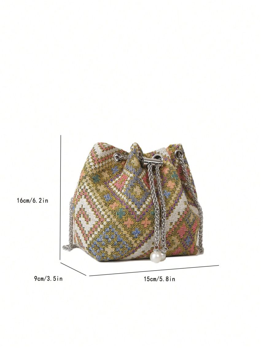 Mini Bucket Bag Geometric Pattern Drawstring Design