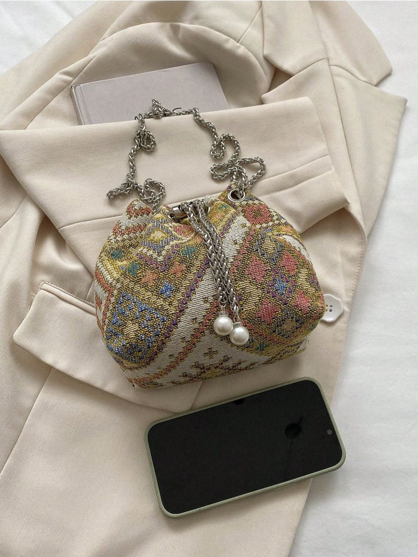 Mini Bucket Bag Geometric Pattern Drawstring Design