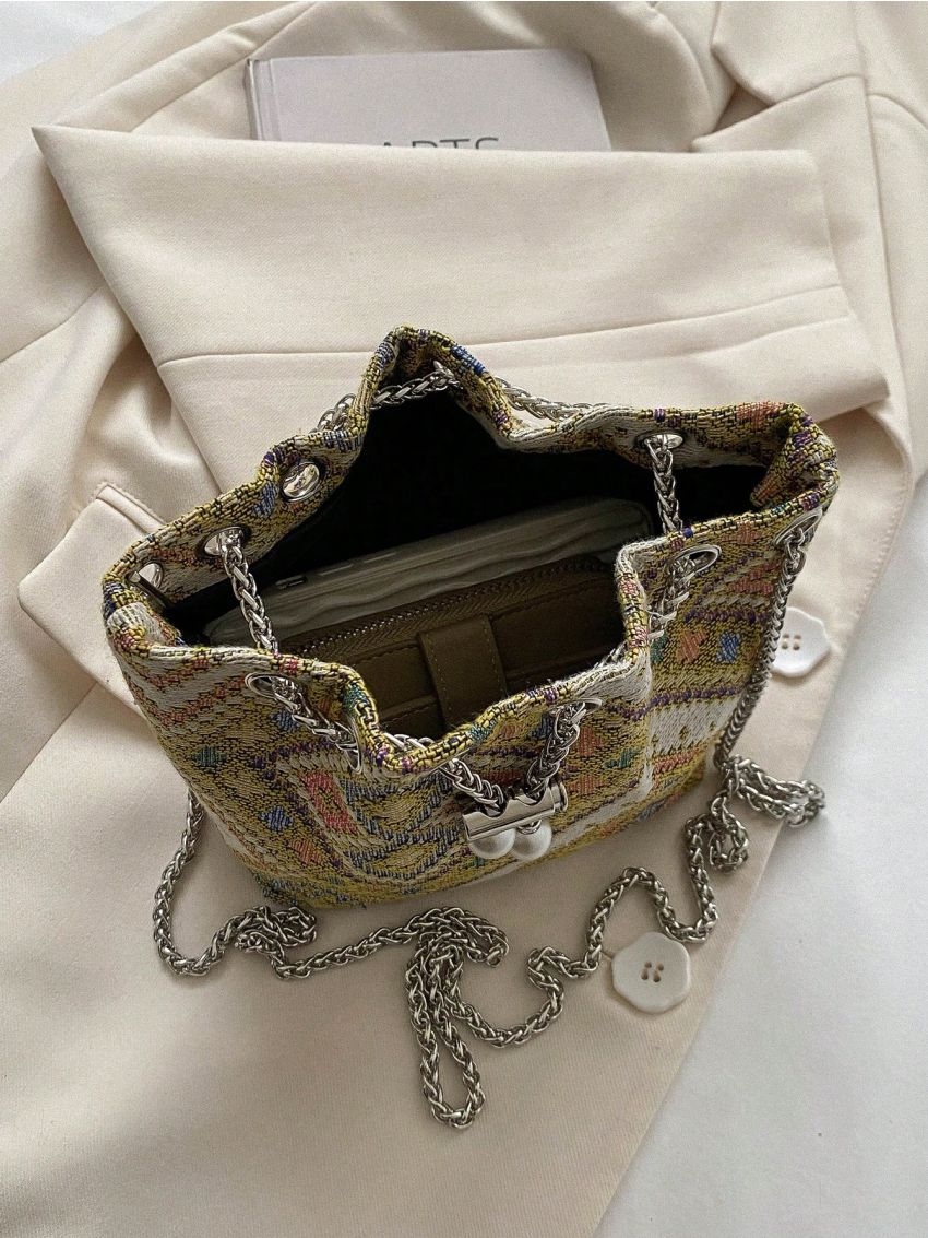 Mini Bucket Bag Geometric Pattern Drawstring Design