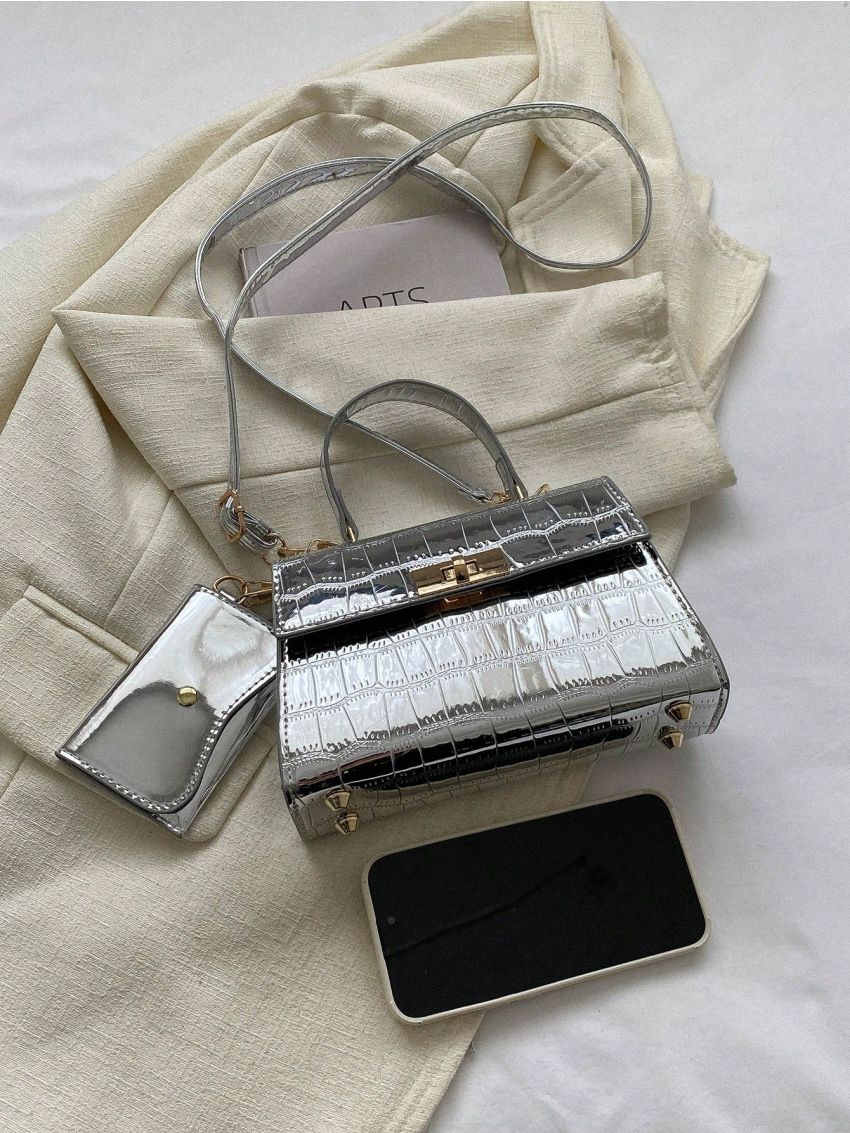 Mini Square Bag Crocodile Embossed Top Handle Twist Lock With Coin Purse