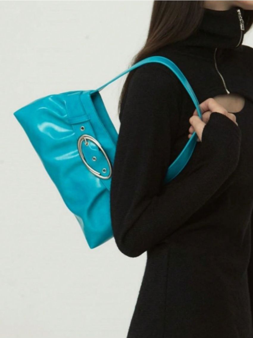 Large Capacity Ruched Bag Solid Color Buckle Decor