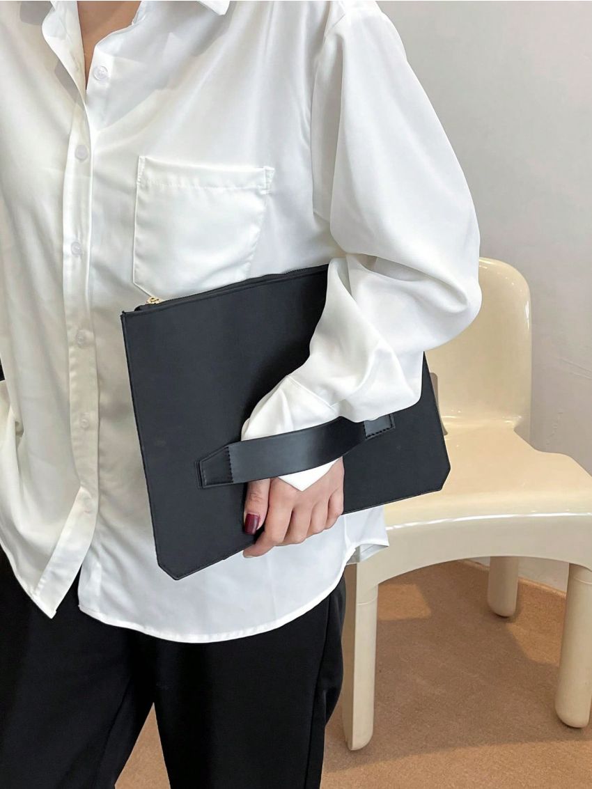 Solid Black Square Bag With Zipper Nylon