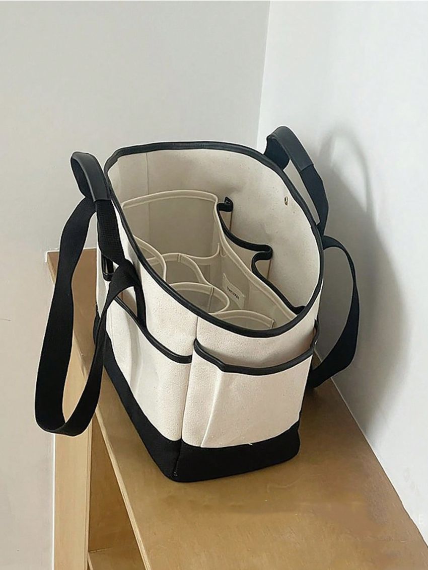 Oversized Tote Bag Double Handle Colorblock Canvas