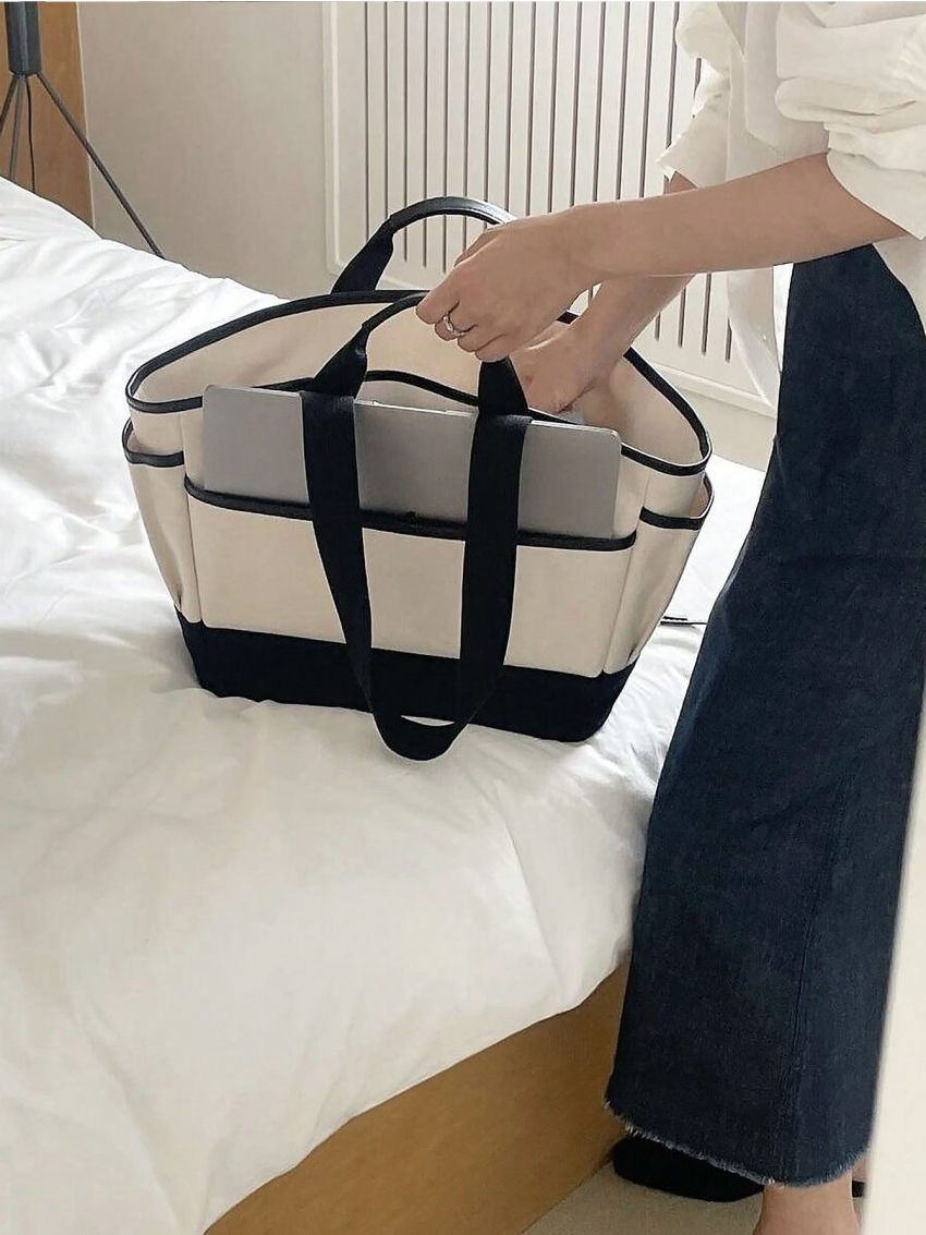 Oversized Tote Bag Double Handle Colorblock Canvas