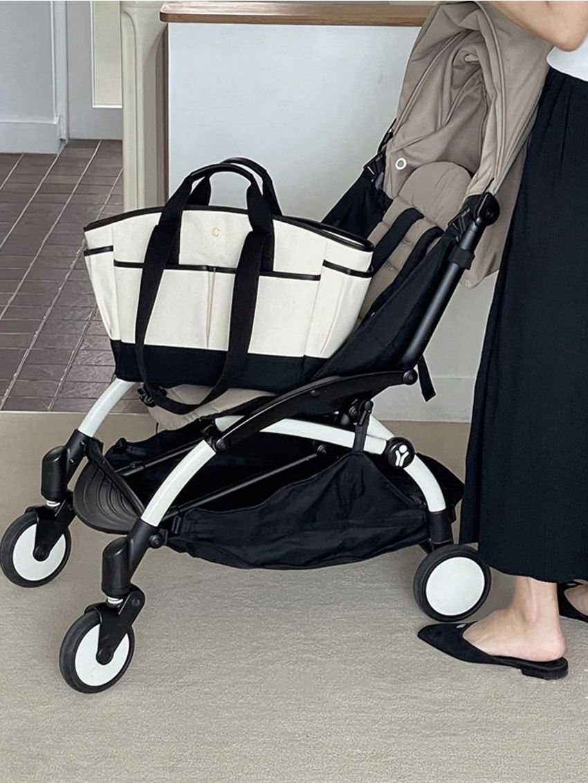 Oversized Tote Bag Double Handle Colorblock Canvas