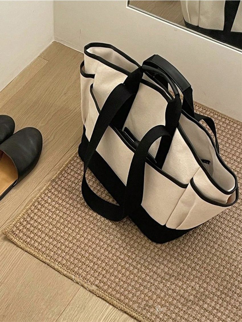 Oversized Tote Bag Double Handle Colorblock Canvas