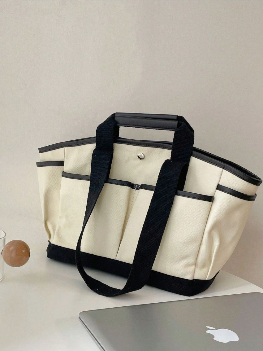 Oversized Tote Bag Double Handle Colorblock Canvas