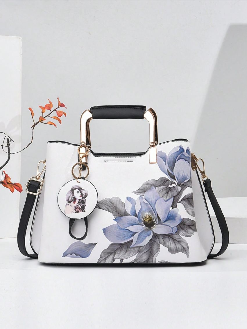 Medium Square Bag Flower Pattern Double Handle, Elegant For Office & Work