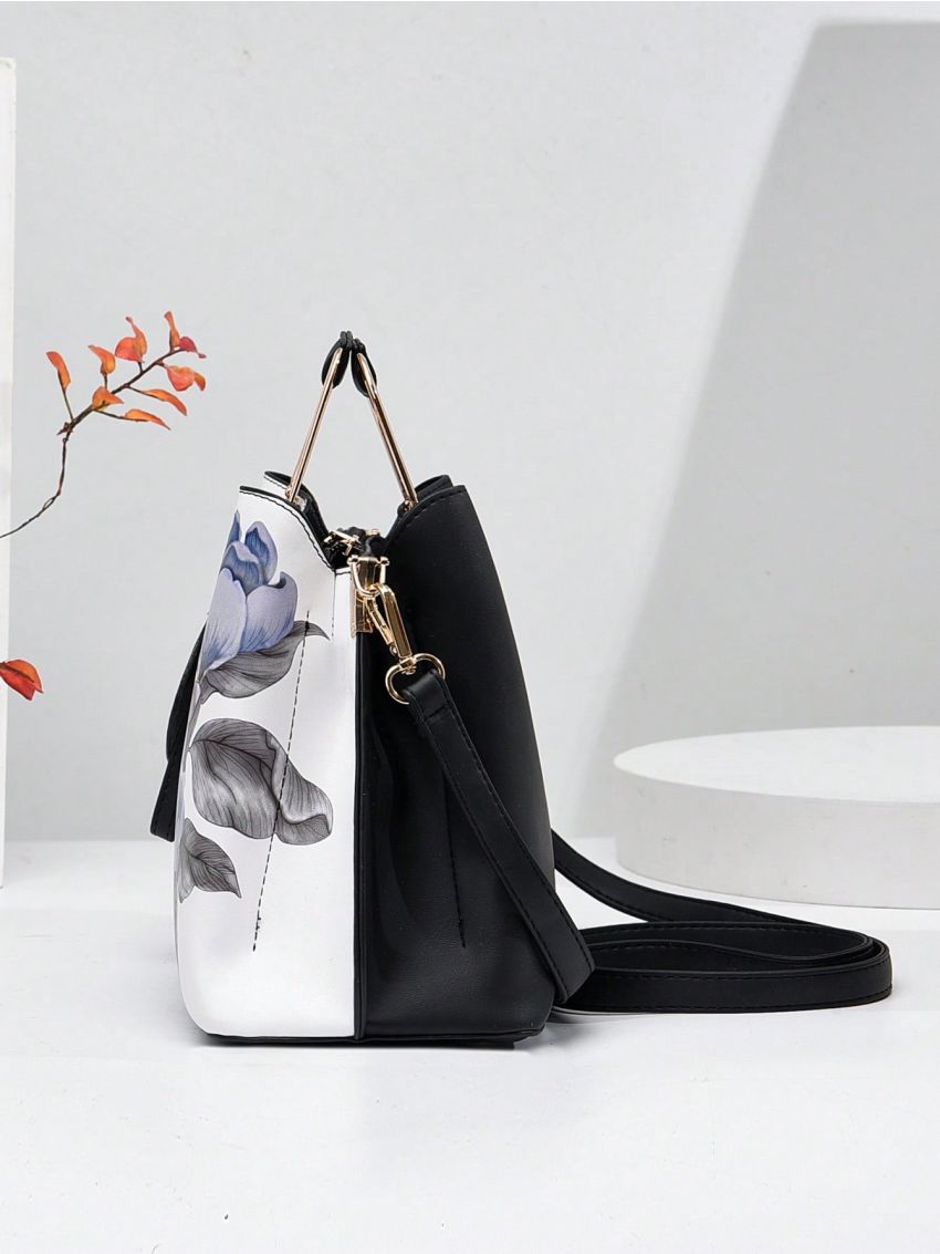 Medium Square Bag Flower Pattern Double Handle, Elegant For Office & Work