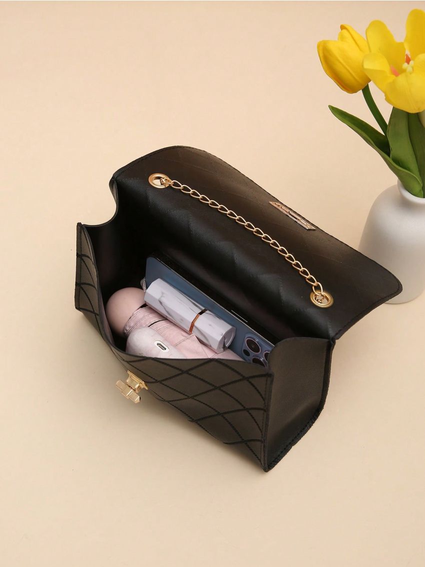 Small Square Bag Rhombus Pattern Black Flap For Work