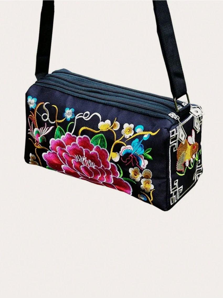 Flower Embroidery Crossbody Bag, Women's Zipper Shoulder Bag